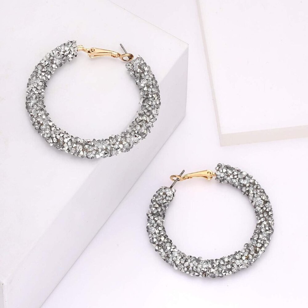 Glitter Hoop Earrings Bohemian Sparkle Resin Rhinestone Wrapped Hoop Dangle Earr - Picture 4 of 6